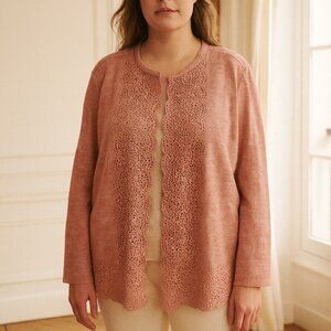 Chico's Salmon Peach Pink Faux Suede Lace Trim Topper Blazer 3